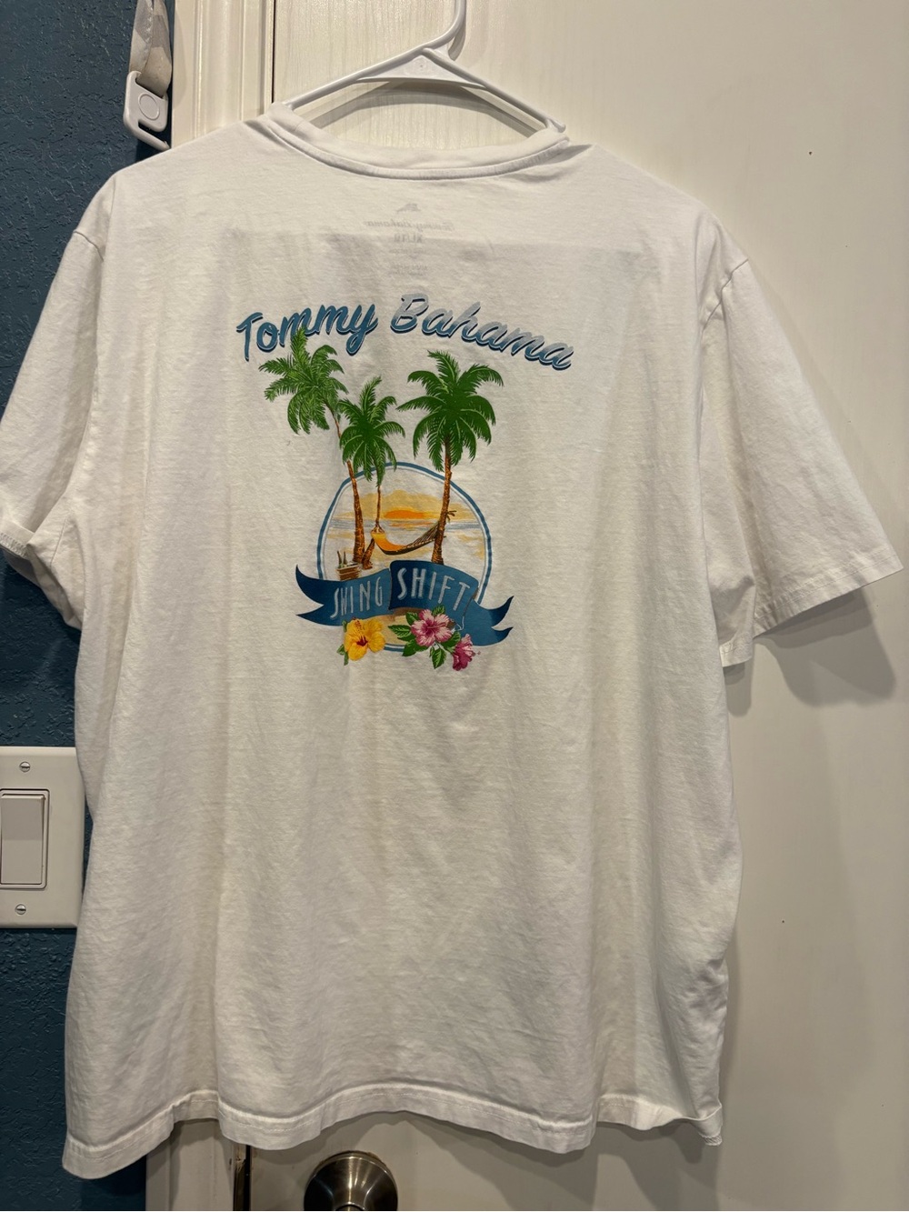 Tommy Bahama White Short-Sleeve Pocket Tee with Orange Dolphin swing shift